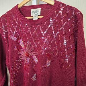 Vintage Cervelle Burgundy Beaded Sequin Sweater‎ Womens Large Holiday Party